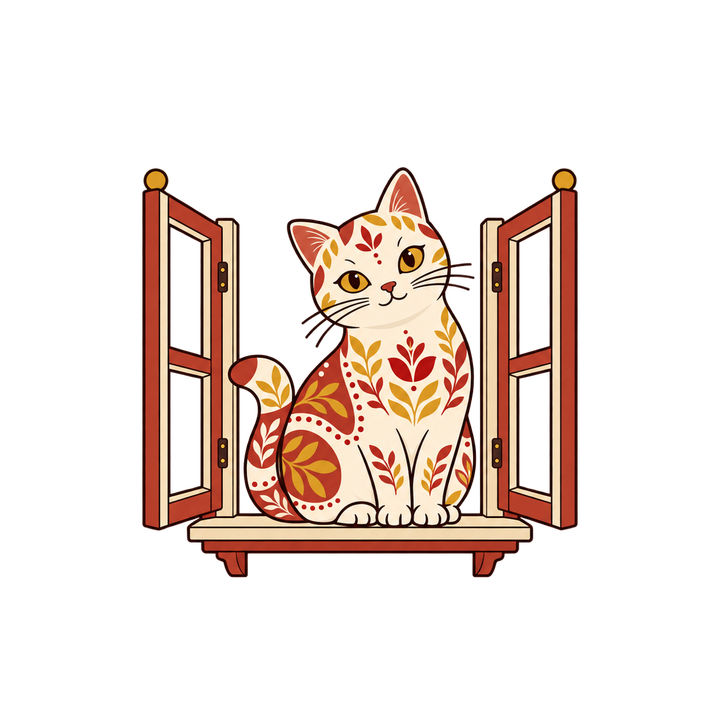 窓辺に座る北欧柄の猫のイラスト（おしゃれ・透過PNG）