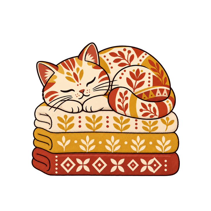 ブランケットの上で眠る北欧柄の猫のイラスト（おしゃれ・透過PNG）