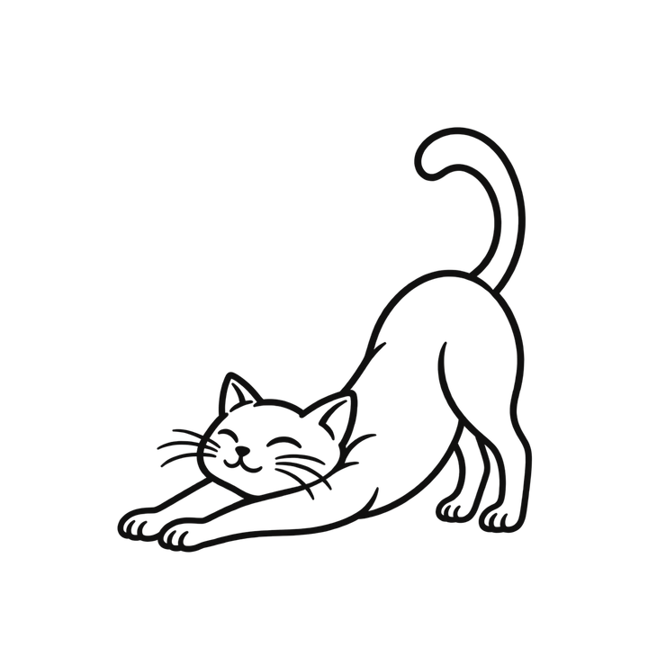のびをする線画の猫のイラスト（おしゃれ・線画・ぬりえにも・透過PNG）