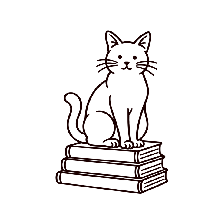 本の上に座る線画の猫のイラスト（おしゃれ・線画・ぬりえにも・透過PNG）
