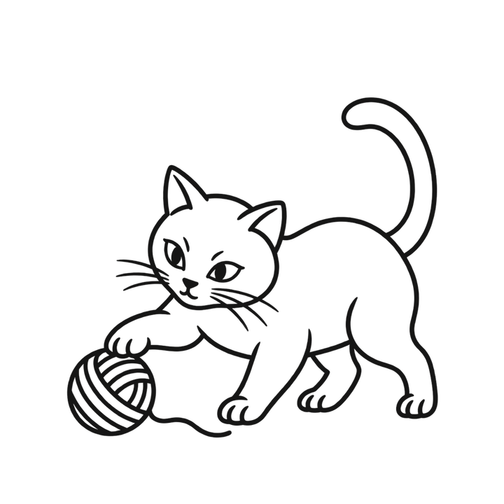 毛糸玉で遊ぶ線画の猫のイラスト（おしゃれ・線画・ぬりえにも・透過PNG）