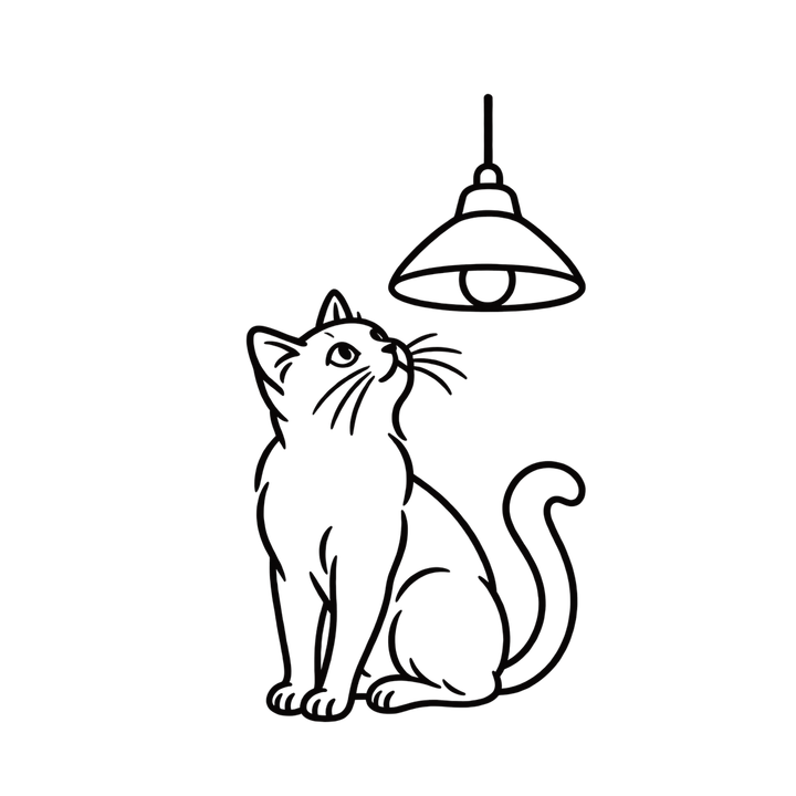 ランプを見上げる線画の猫のイラスト（おしゃれ・線画・ぬりえにも・透過PNG）