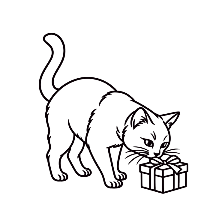 プレゼントのにおいをかぐ線画の猫のイラスト（おしゃれ・線画・ぬりえにも・透過PNG）