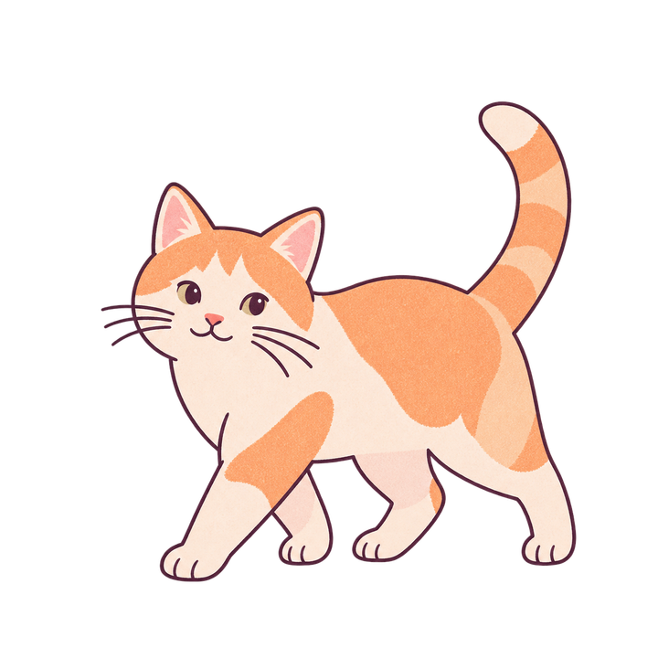 しっぽを立てて歩くパステルの猫のイラスト（おしゃれ・透過PNG）