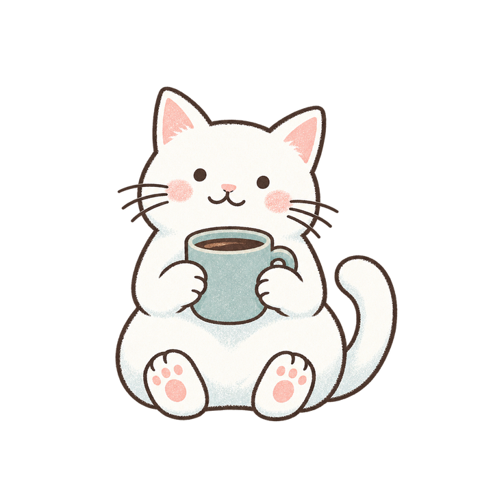 コーヒーカップを持つ白猫のイラスト（おしゃれ・透過PNG）