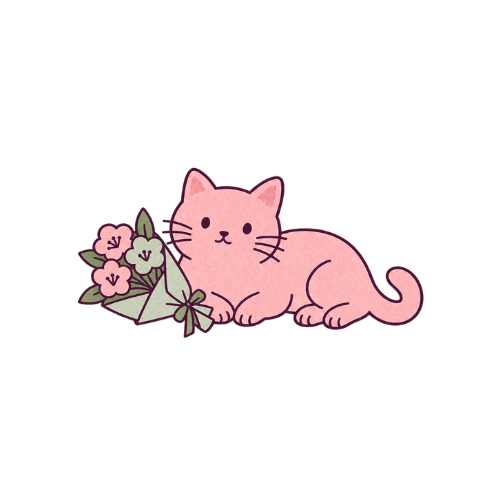 花束と寝そべるピンクの猫のイラスト（おしゃれ・透過PNG）