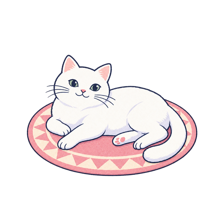 丸いラグでくつろぐ白猫のイラスト（おしゃれ・透過PNG）