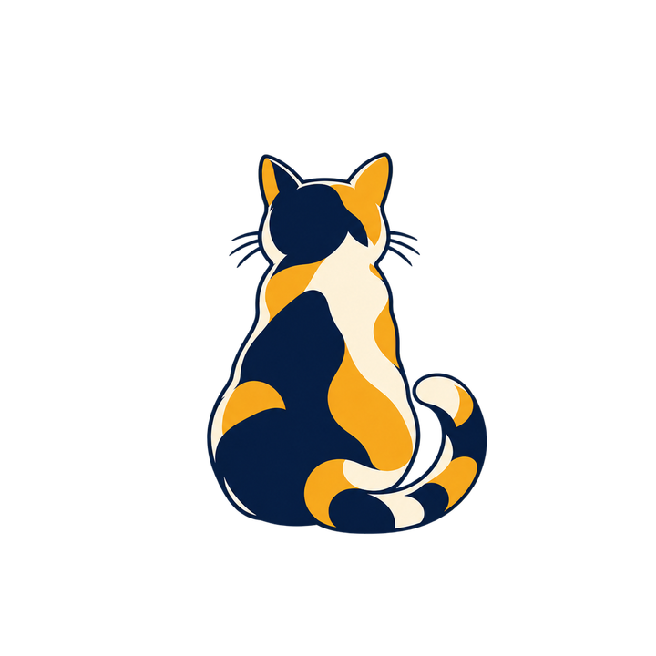 すらりと座る三毛猫の後ろ姿のイラスト（おしゃれ・透過PNG）