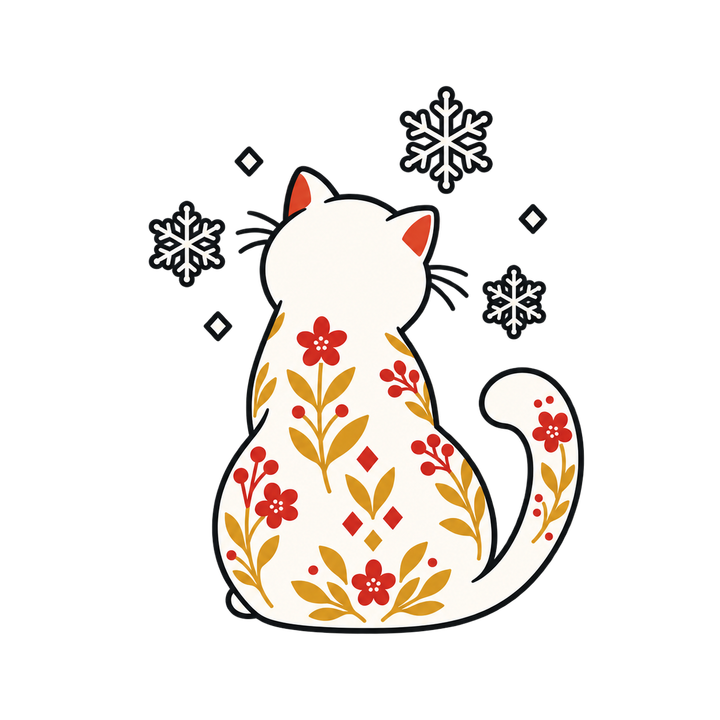 雪を見上げる北欧風の白猫のイラスト（おしゃれ・透過PNG）