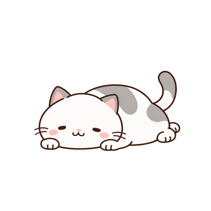 ぺたんと寝そべるグレーと白の猫のイラスト（ゆるい・透過PNG）