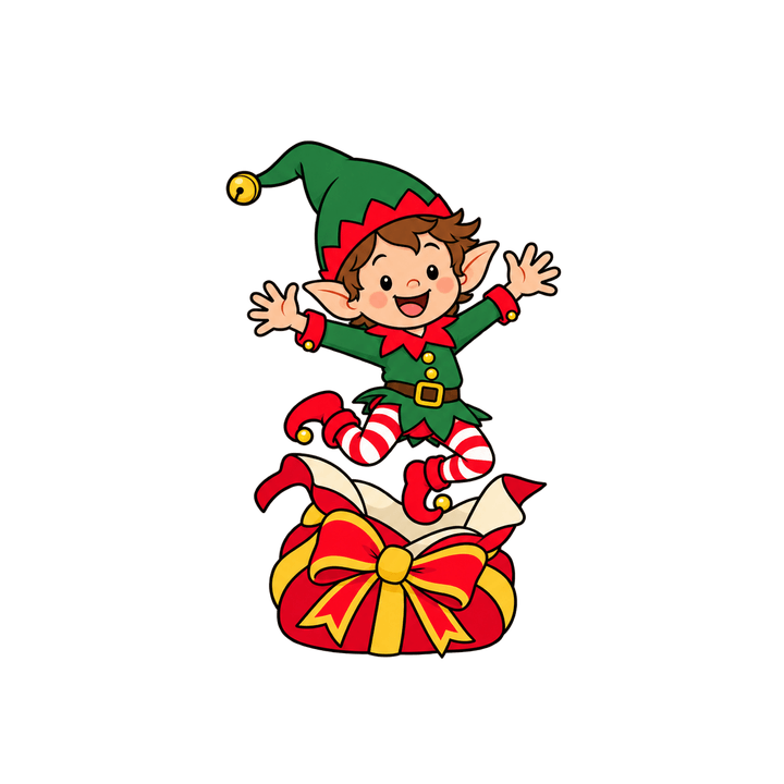 Lutin qui sort d’un cadeau – clipart de Noël PNG transparent