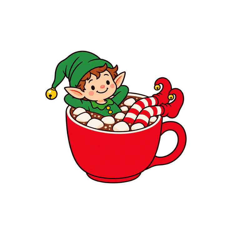 Lutin dans une tasse de chocolat – clipart de Noël PNG transparent