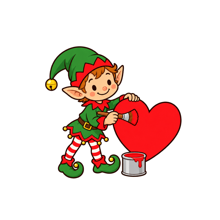 Lutin qui peint un cœur – clipart de Noël PNG transparent