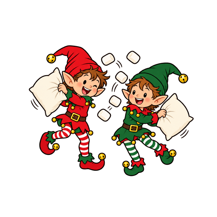 Deux lutins en bataille d’oreillers – clipart de Noël PNG transparent