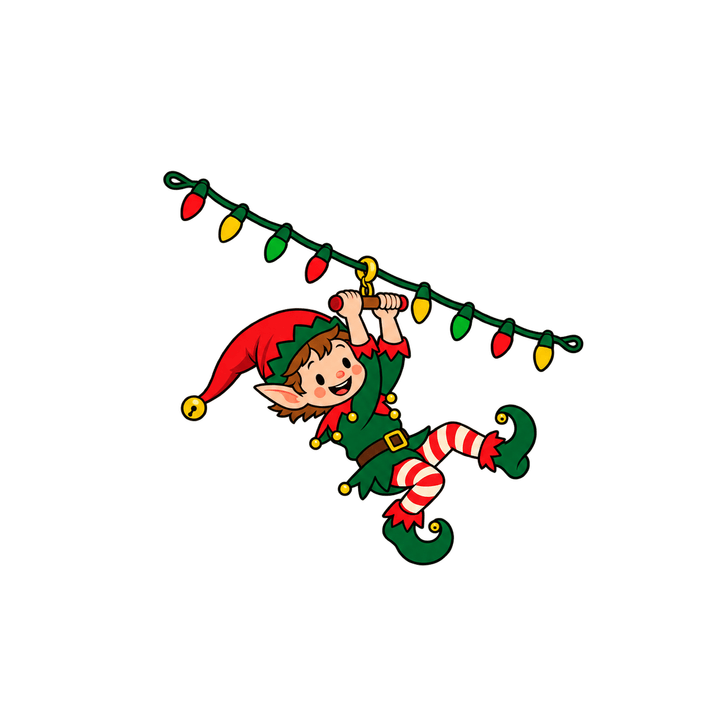 Lutin sur une guirlande lumineuse – clipart de Noël PNG transparent
