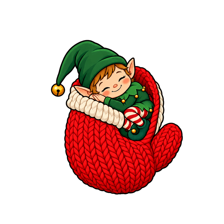 Lutin endormi dans une moufle – clipart de Noël PNG transparent