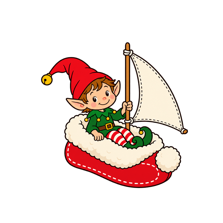 Lutin qui navigue dans un chausson – clipart de Noël PNG transparent
