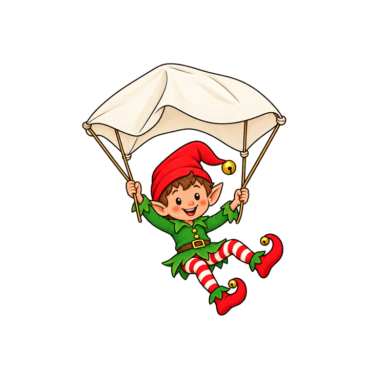 Lutin au parachute en serviette – clipart de Noël PNG transparent