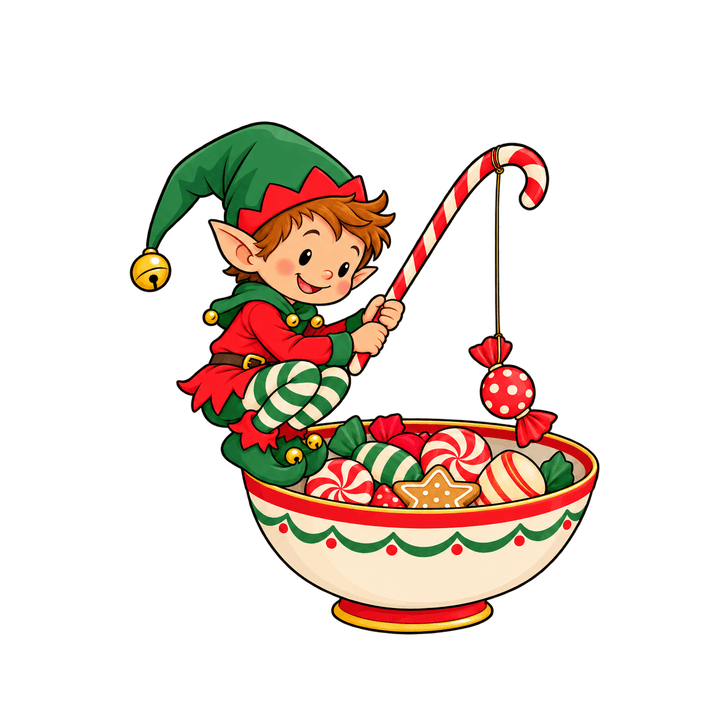 Lutin qui pêche des bonbons – clipart de Noël PNG transparent