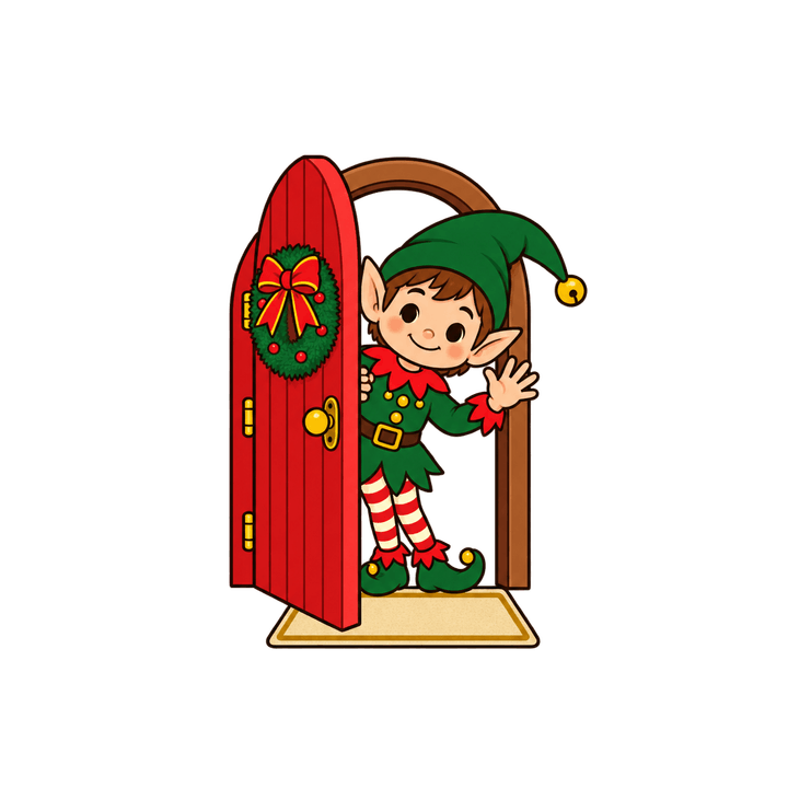 Lutin à sa petite porte – clipart de Noël PNG transparent