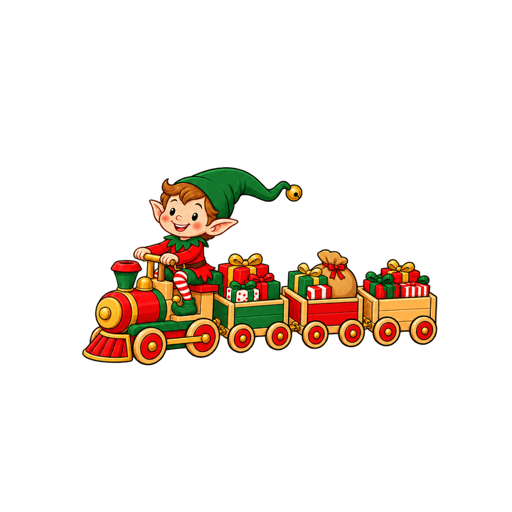 Lutin dans un train en bois – clipart de Noël PNG transparent