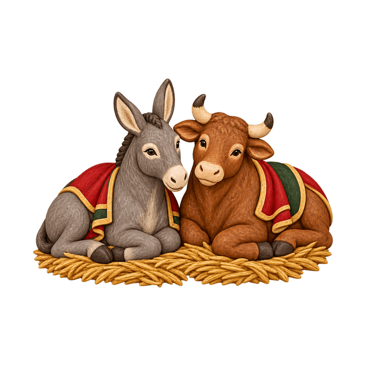 Âne et bœuf sur la paille – clipart de Noël PNG transparent