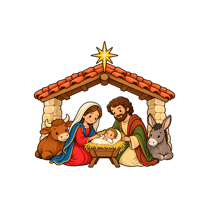 Crèche avec le bœuf et l’âne – clipart de Noël PNG transparent