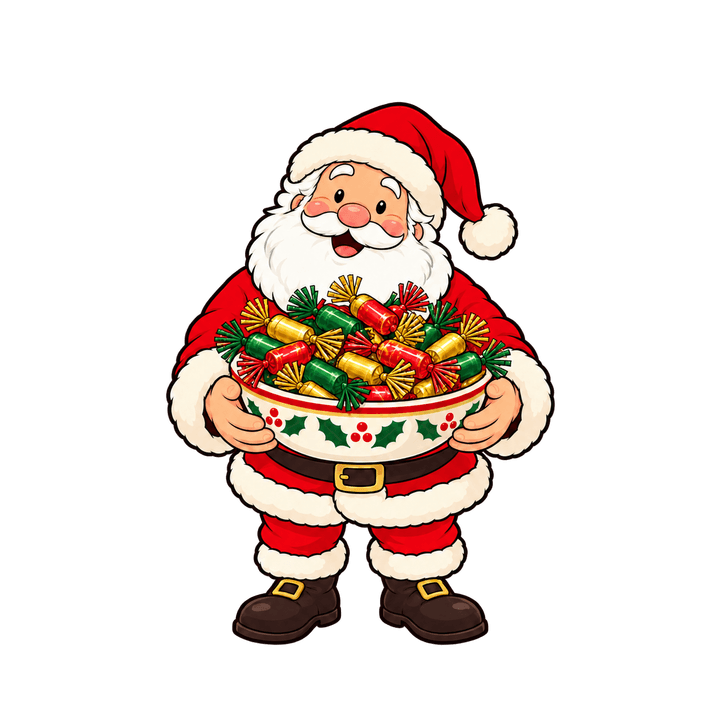 Père Noël et son bol de papillotes – clipart de Noël PNG transparent