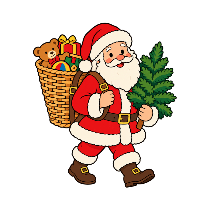 Père Noël portant un sapin – clipart de Noël PNG transparent