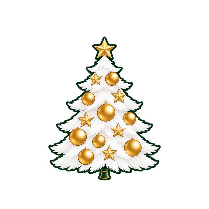 Sapin blanc aux boules dorées – clipart de Noël PNG transparent