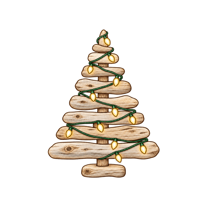 Sapin en bois flotté illuminé – clipart de Noël PNG transparent