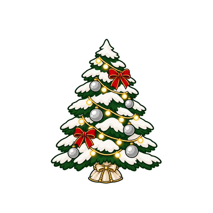 Sapin enneigé aux boules argentées – clipart de Noël PNG transparent
