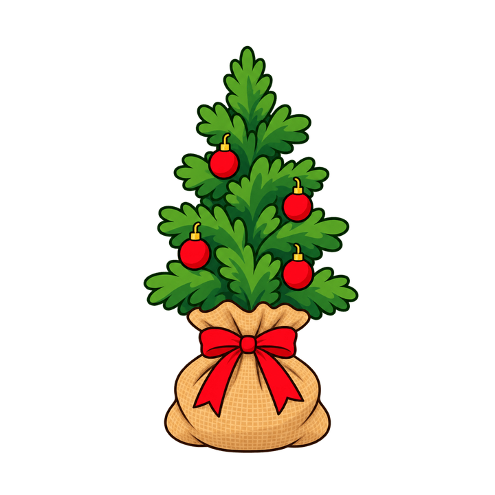 Petit sapin en sac de jute – clipart de Noël PNG transparent