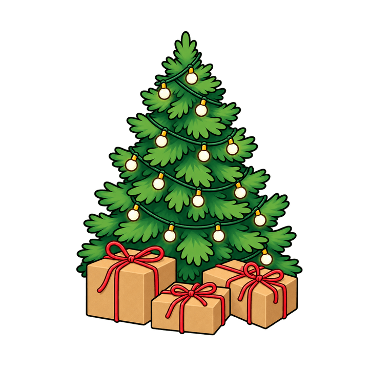 Sapin et trois cadeaux kraft – clipart de Noël PNG transparent