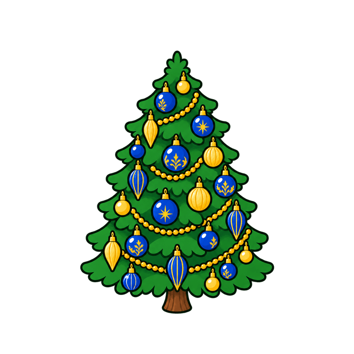 Sapin aux boules bleues et dorées – clipart de Noël PNG transparent