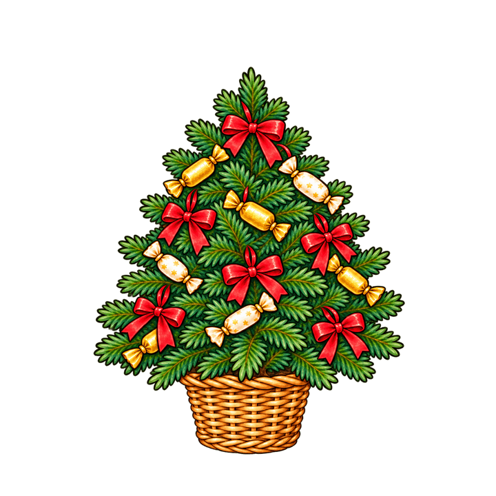 Sapin en panier avec papillotes – clipart de Noël PNG transparent