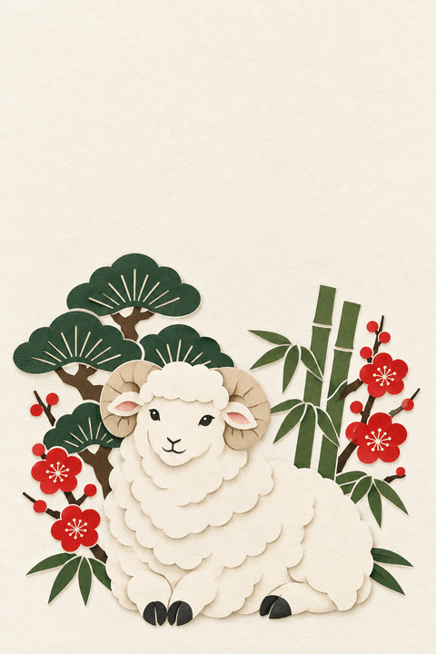 切り絵風の松竹梅と羊（余白つき）のイラスト（はがき たて・背景あり）