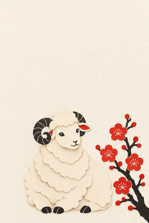 切り絵風の紅梅と座る羊（余白つき）のイラスト（はがき たて・背景あり）