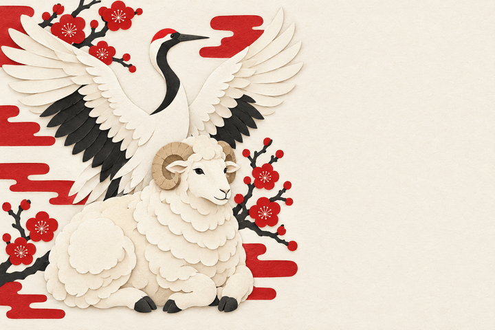 切り絵風の羽ばたく鶴と羊（余白つき）のイラスト（はがき よこ・背景あり）