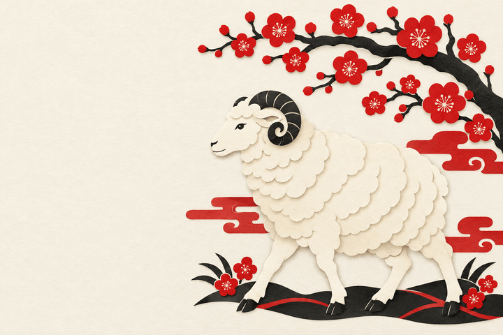 切り絵風の紅梅と歩く羊（余白つき）のイラスト（はがき よこ・背景あり）