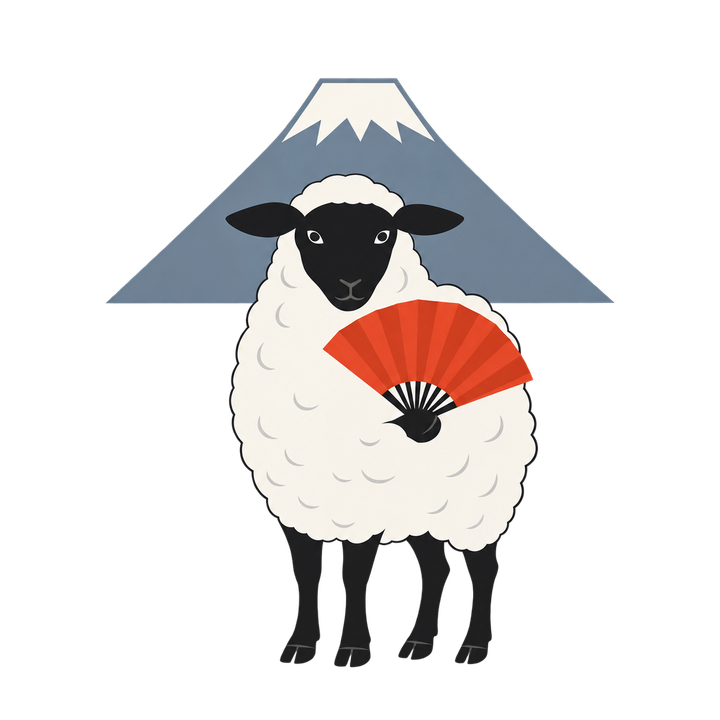 富士山の前で扇を持つ黒い顔の羊のイラスト（おしゃれ・透過PNG）
