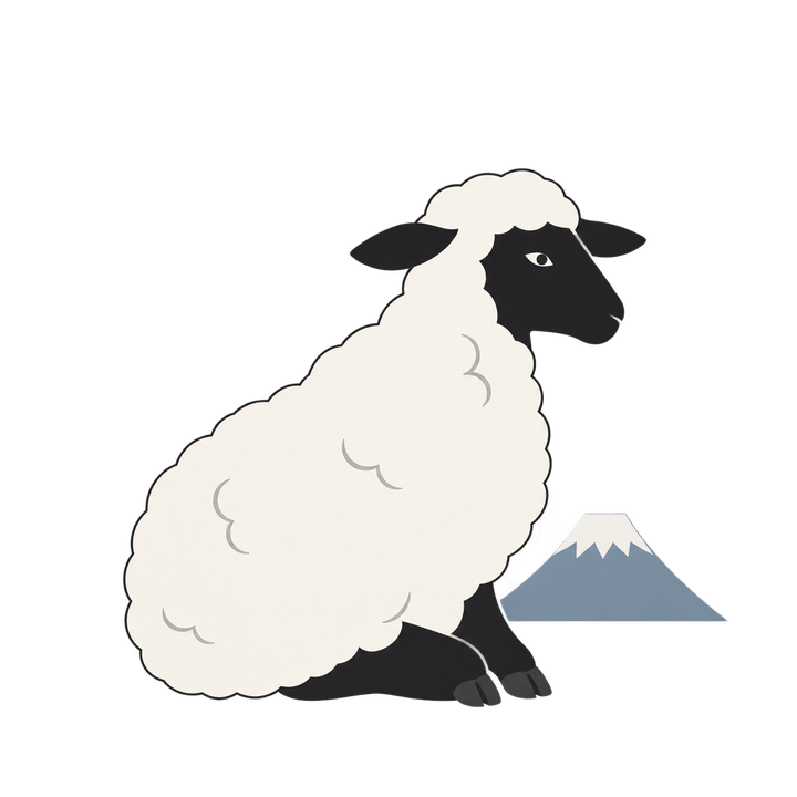富士山と座る黒い顔の羊のイラスト（おしゃれ・透過PNG）