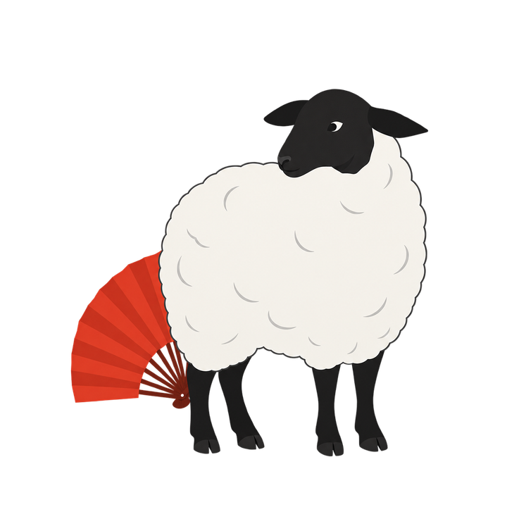 扇と振り返る黒い顔の羊のイラスト（おしゃれ・透過PNG）