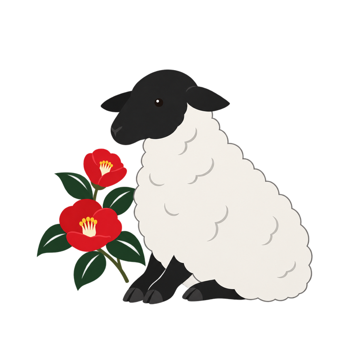 椿と座る黒い顔の羊のイラスト（おしゃれ・透過PNG）