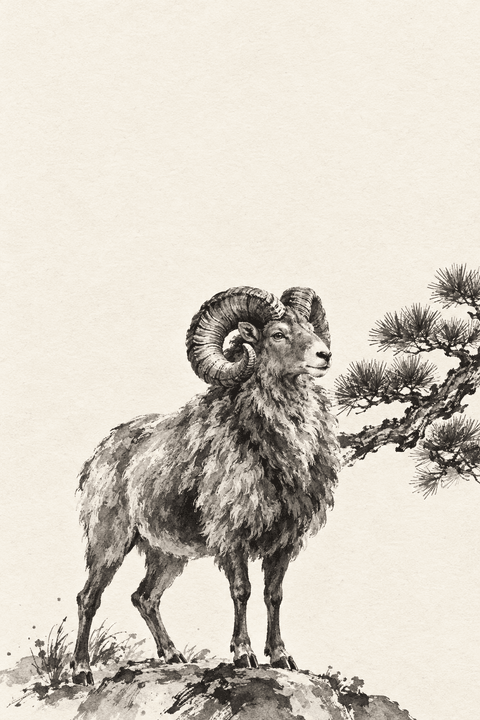 水墨画の松と大角の羊（余白つき）のイラスト（はがき たて・背景あり）