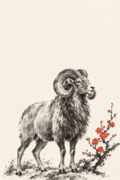 水墨画の紅梅と大角の羊（余白つき）のイラスト（はがき たて・背景あり）