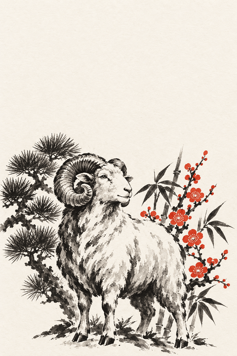 墨絵風の松竹梅と大角の羊（余白つき）のイラスト（はがき たて・背景あり）
