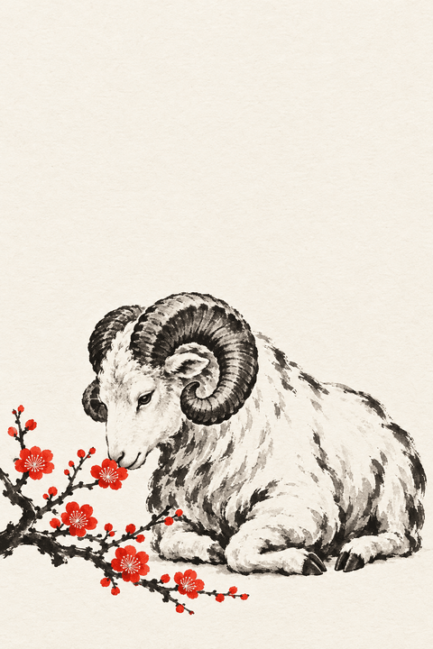 墨絵風の紅梅と伏せる羊（余白つき）のイラスト（はがき たて・背景あり）