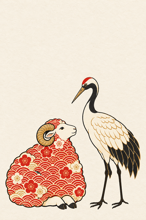 和柄の座る羊と鶴（余白つき）のイラスト（はがき たて・背景あり）
