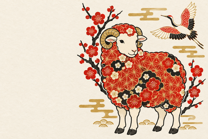 和柄の羊と紅梅と鶴（余白つき）のイラスト（はがき よこ・背景あり）